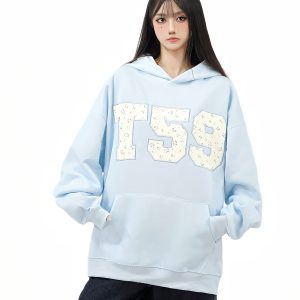 Women's Floral Patch Embroidery Hoodie - Loose Fit, Casual Autumn Sweatshirt, Trendy Amoeba Design