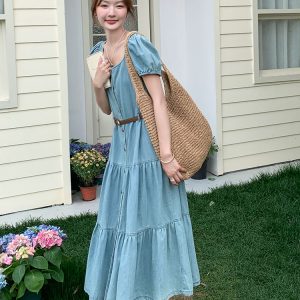 Women's French Puff Sleeve Denim Dress - Retro Sweet Waist-Cinching A-Line Long Skirt for Summer 2025, Y2K Trend