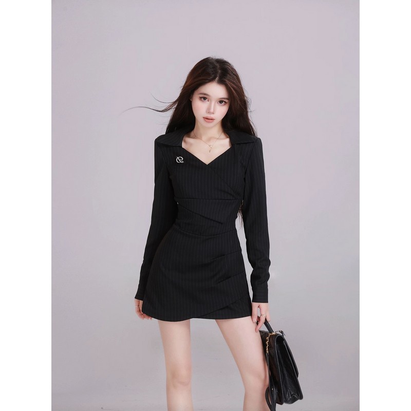 Women's French-Style Black Long Sleeve Dress - Elegant V-Neck, Waist-Cinching Design, Short Skirt, Spring Fashion 2023