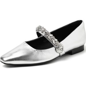 Women's French Style One-Strap Mary Jane Shoes in Genuine Leather, Rhinestone Flat, Square Toe, Spring/Summer Fashion