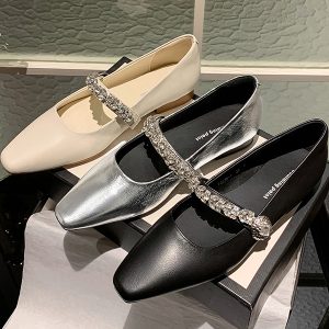 Women's French Style One-Strap Mary Jane Shoes in Genuine Leather, Rhinestone Flat, Square Toe, Spring/Summer Fashion