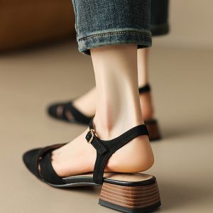 Women’s French Vintage Square-Toe Suede Sandals, Chunky Heel One-Strap Roman Style, Summer 2025 Fashion