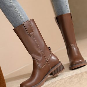 Women's Genuine Leather Chunky Heel Knight Boots - Retro Western Mid-Calf Cowboy & Motorcycle Boots for 2024
