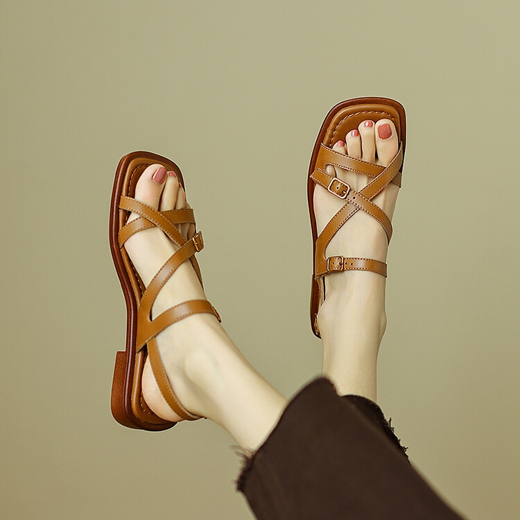 Women's Genuine Leather Cross Strap Flat Sandals, Open-Toe Roman Style Beach Shoes, Versatile Summer 2024 Footwear, Sizes 41-43