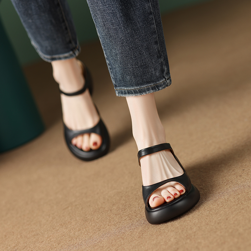 Women's Genuine Leather Thick-Soled Open-Toe Chunky Heel Sandals - Summer Outdoor Wear, Waterproof Platform, Versatile Slide Sandals Size 40