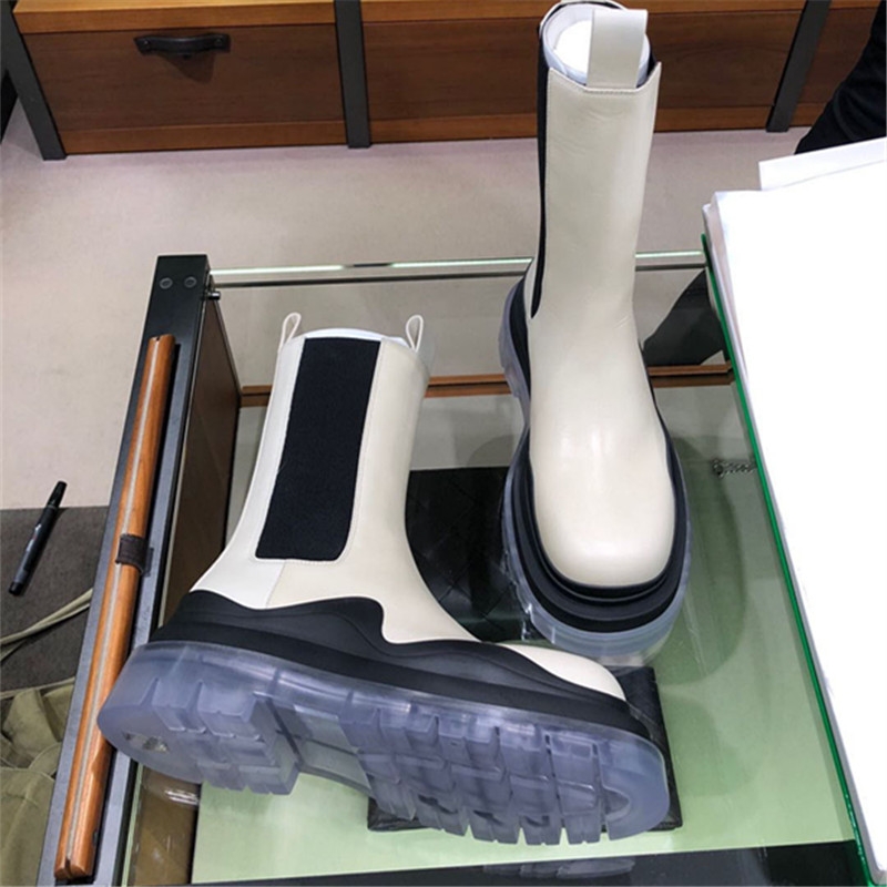 Women's Genuine Leather White Chelsea Boots - Thick-Soled Height-Increasing British Style Mid-Calf Boots