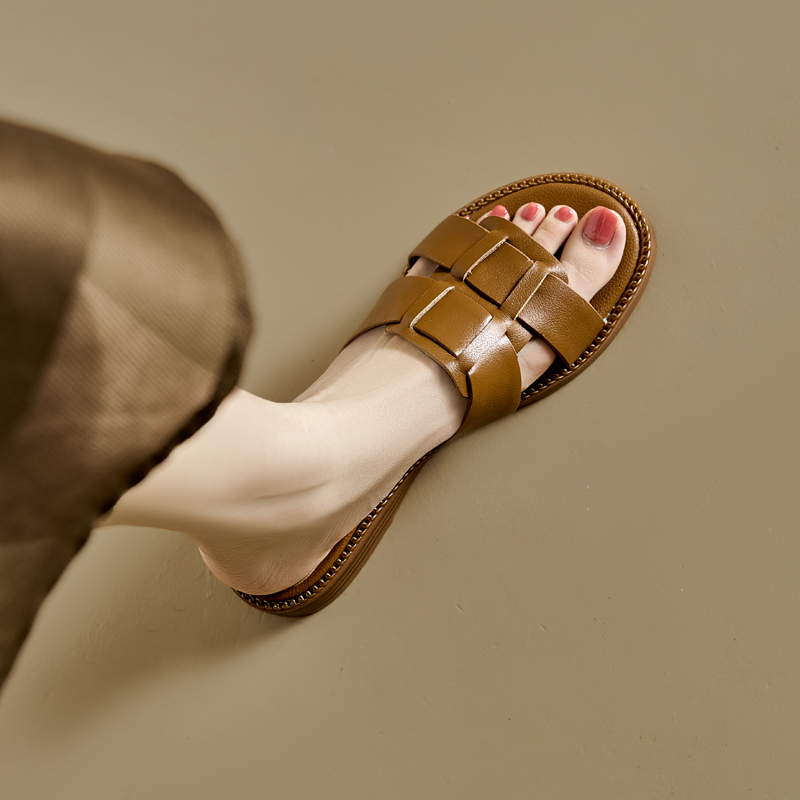 Women’s Genuine Leather Woven Roman Sandals - Flat One-Strap Casual Vacation Slides for Summer 2024