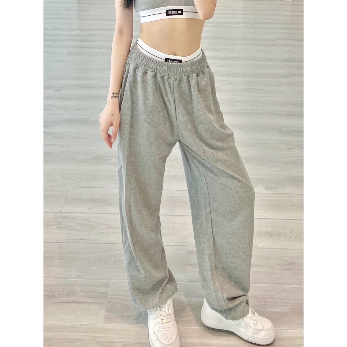 Women's Gray Loose Straight-Leg Sweatpants - Summer Dance Style, Thin Fabric, Solid Color, Casual Sports Pants