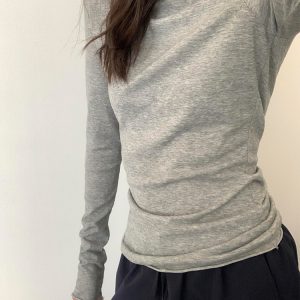 Women's Gray Slim Fit Cropped T-Shirt - Round Neck, Long Sleeve, Summer Style, Trendy Casual Top