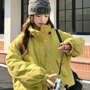 Women's Green Outdoor Work Parka Down Jacket - 2024 Winter Korean-Style Thick Short Coat for Petite Sizes