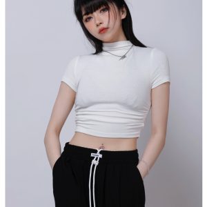 Women's Half High Neck Stretch Slim Fit Short Sleeve Jazz Crop Top - Summer 90s Inspired Fashion