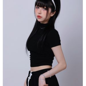 Women's Half High Neck Stretch Slim Fit Short Sleeve Jazz Crop Top - Summer 90s Inspired Fashion