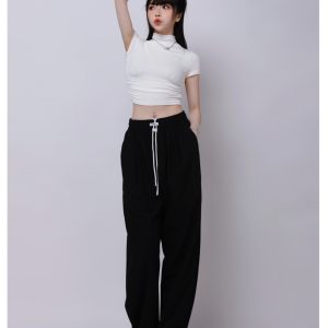 Women's Half High Neck Stretch Slim Fit Short Sleeve Jazz Crop Top - Summer 90s Inspired Fashion