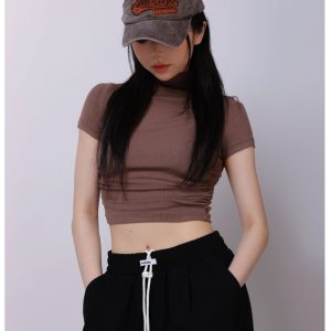 Women's Half High Neck Stretch Slim Fit Short Sleeve Jazz Crop Top - Summer 90s Inspired Fashion