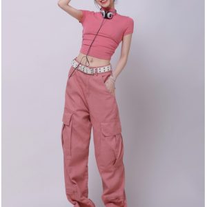 Women's Half High Neck Stretch Slim Fit Short Sleeve Jazz Crop Top - Summer 90s Inspired Fashion