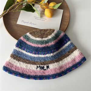 Women's Hand-Crocheted Striped Yarn Bucket Hat - Versatile Fisherman Style for Autumn and Winter, Flattering Fit