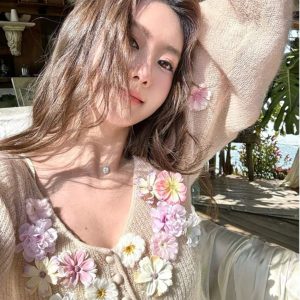 Women's Handmade Floral Long Sleeve Knitted Cardigan - Flared Sleeve Sweater Coat for Y2K and Korean Style Fashion
