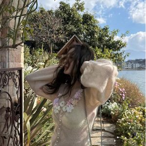 Women's Handmade Floral Long Sleeve Knitted Cardigan - Flared Sleeve Sweater Coat for Y2K and Korean Style Fashion