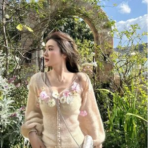 Women's Handmade Floral Long Sleeve Knitted Cardigan - Flared Sleeve Sweater Coat for Y2K and Korean Style Fashion