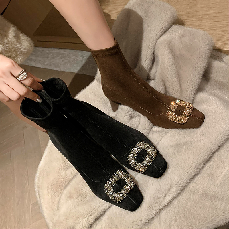 Women's High-Heeled Chunky Heel Suede Ankle Boots with Flashy Rhinestone Square Buckle and Square Toe - Glamorous Fashion Statement