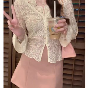 Women's Hollow Lace Long Sleeve Top - French Style Autumn Winter Layering Shirt, Chic Boho Fashion