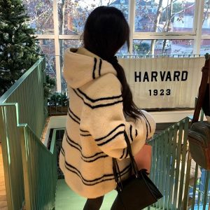 Women's Hooded Striped Fur Coat - Winter Lazy Style, Leather & Fur Integrated Lamb Wool Design, Cozy and Stylish Outerwear