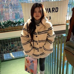 Women's Hooded Striped Fur Coat - Winter Lazy Style, Leather & Fur Integrated Lamb Wool Design, Cozy and Stylish Outerwear