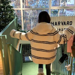 Women's Hooded Striped Fur Coat - Winter Lazy Style, Leather & Fur Integrated Lamb Wool Design, Cozy and Stylish Outerwear