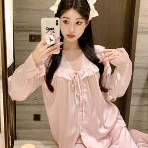 Women's Ice Silk Long Sleeve Pajama Set with Sweet Lace Detail - Stylish Homewear for Spring and Autumn Comfort
