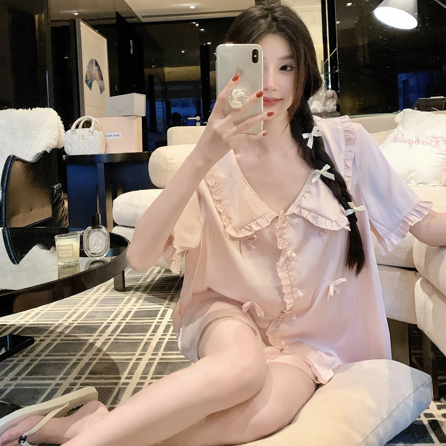 Women's Ice Silk Pajamas Set with Bow Tie - Short Sleeve and Shorts for Spring/Summer Homewear & Casual Outfits