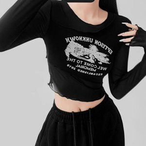 Women's Irregular Long-Sleeve T-Shirt, Slim-Fit Mesh Layer, Flattering Cover-Up for Early Autumn 2024, Trendy and Lightweight