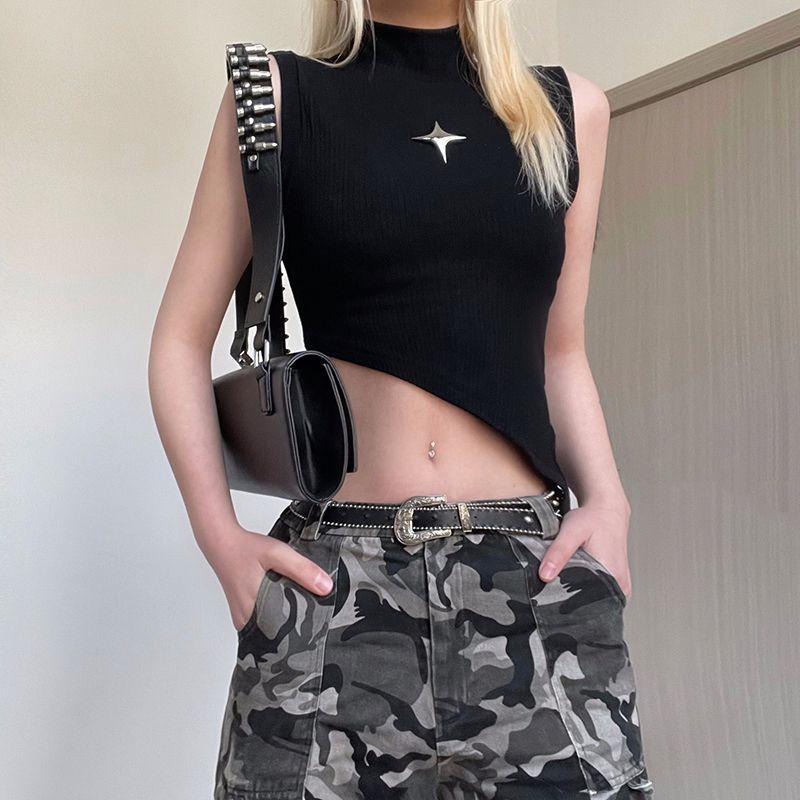 Women’s Irregular Slanted Metal Star Decorative Vest - Half High-Neck, Tight-Fitting, Slimming Cropped Top for Versatile Style