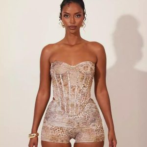 Women's Irregular Strapless Animal Print Tank Top and Shorts Two-Piece Set - European and American Vacation Style