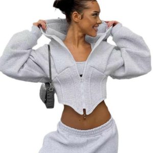Women's Irregular Zip-Up Hooded Long Sleeve Sweatshirt with Waist Belt - Casual Street Fashion Cardigan for Spring and Autumn