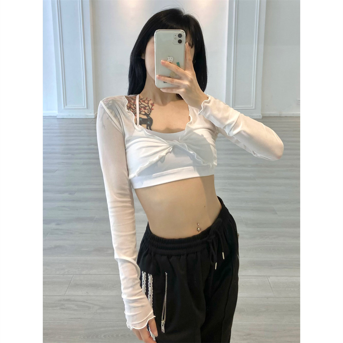 Women's Jazz Dance Cropped Top - Sexy Summer Solid Color with Ruffled Edge & Cross Mesh Cover-Up, Ideal for Y2K and Festival Fashion