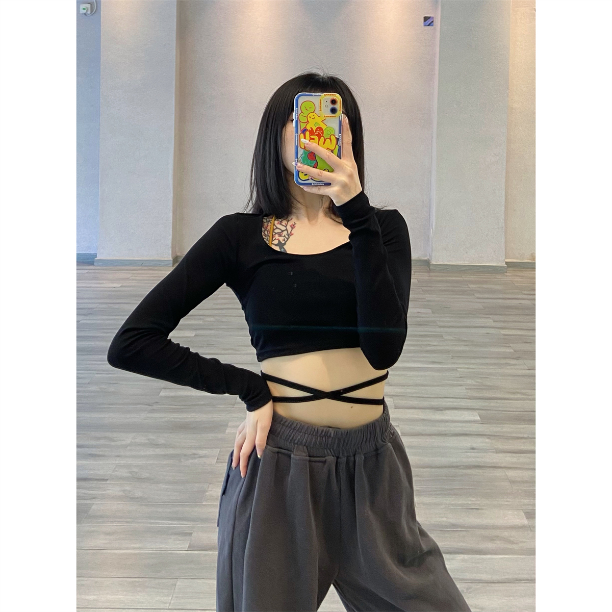 Women's Jazz-Style Tie-Up Long Sleeve T-Shirt - Unique Design for Dancing, Instagram-Worthy Fashion Top