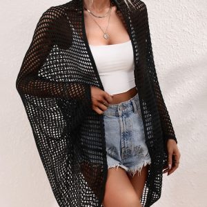 Women's Knitted Bikini Cover-Up Cardigan Shawl - Hollow Beach Seaside Sun Protection for European and American Vacations