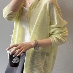Women's Lightweight Knitted Hooded Sun Protection Shirt - Loose Summer Cardigan Top for 2025, Perfect for Casual Outings