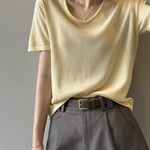 Women's Lightweight Minimalist Ice Silk V-Neck Short Sleeve T-Shirt - Cool Summer 2025 Loose Fit Top