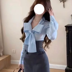 Women's Long Sleeve Rhinestone Bowknot Shirt and Waist-Cinching Slim-Fit Two-Piece Set, Autumn Sweet Design, Chic Niche Style