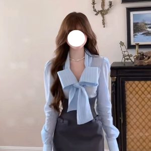 Women's Long Sleeve Rhinestone Bowknot Shirt and Waist-Cinching Slim-Fit Two-Piece Set, Autumn Sweet Design, Chic Niche Style