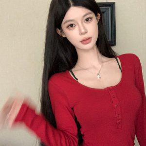 Women's Long Sleeve Slim Fit Henry Shirt - Fashionable Base Layer for Autumn & Winter, Versatile Top for Layering