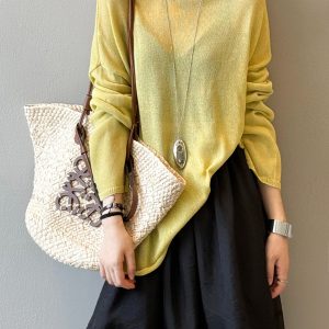 Women's Loose-Fit Knitted Sweater - Thin Linen Blend, Long Sleeve Round Neck, 2025 Summer Sun Protection Cover-Up