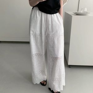 Women's Loose-Fitting Wide-Leg Pants with Elastic Waist, Hollow-Out Design, Slimming Versatile Trousers for Summer 2025