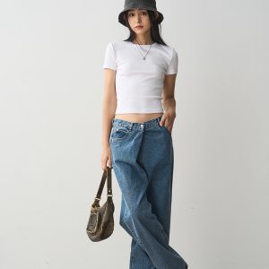 Women's Loose Wide-Leg Denim Pants with Slant Pockets - Casual Straight Fit, 2024 Trendy Fashion for Effortless Style