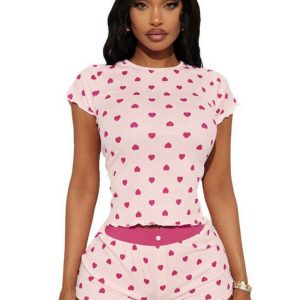Women's Love Heart Print Short Sleeve Pajamas Set - Casual Two-Piece Homewear Outfit in European American Style