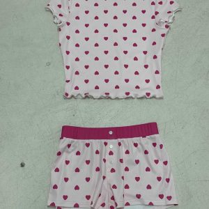 Women's Love Heart Print Short Sleeve Pajamas Set - Casual Two-Piece Homewear Outfit in European American Style