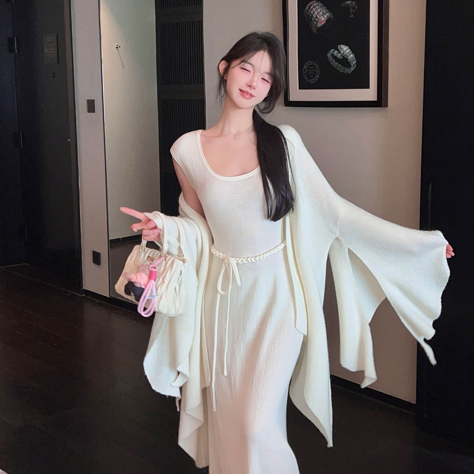 Women's Mid-Length White Knitted Cardigan - Soft Cozy Bell Sleeve Shawl Sweater for Autumn Winter, Casual Layering Essential
