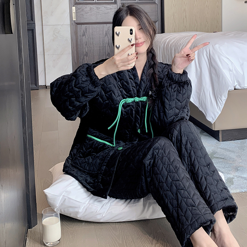 Women's National Style Quilted Plush Pajama Set - Thickened Warm Loungewear for Autumn & Winter, Outdoor-Friendly