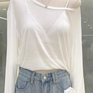Women's Off-Shoulder Long Sleeve Loose T-Shirt - European Style, Air Conditioning, Sun Protection - Summer Fashion Essential